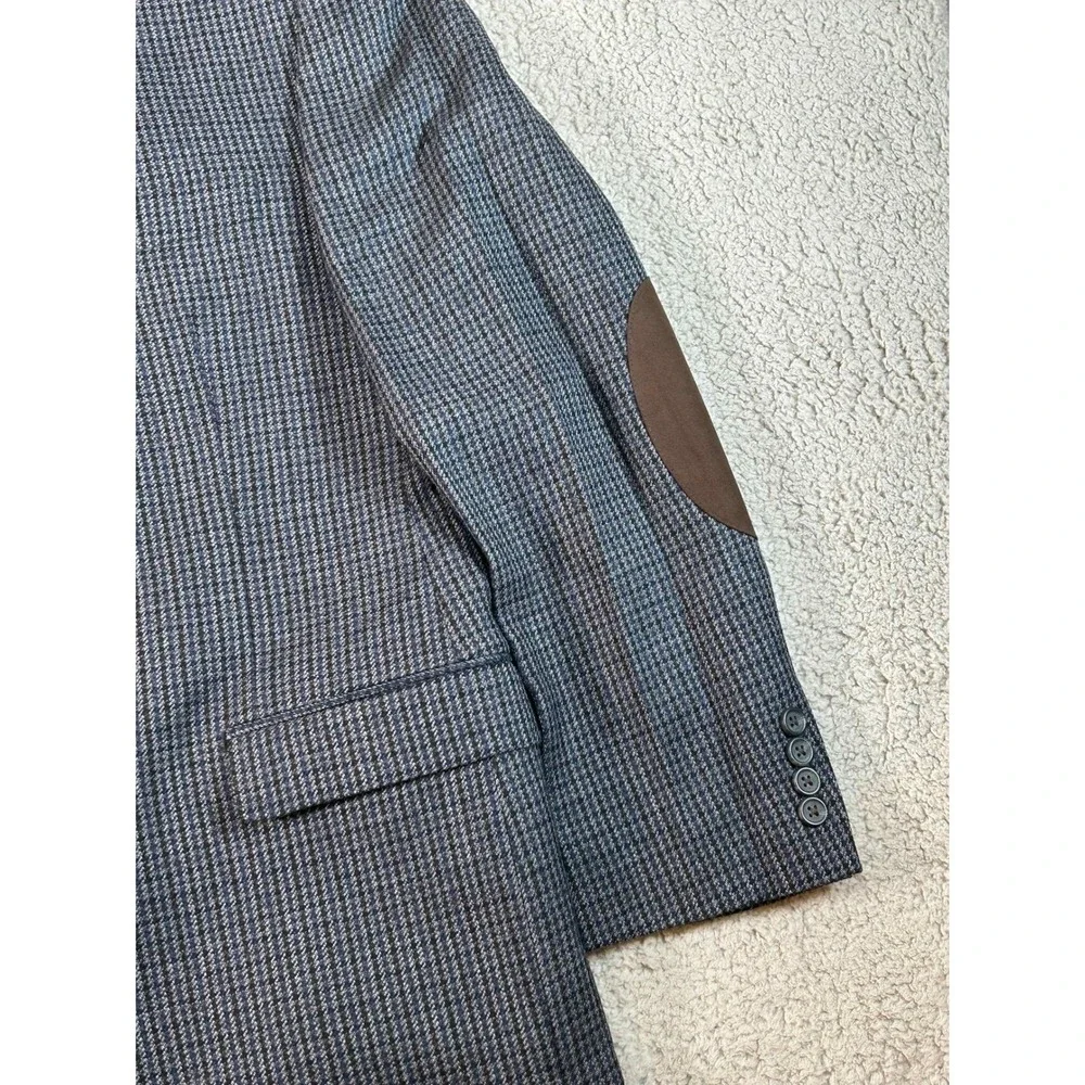 Chaps Mens 40R‎ Wool Blazer Sport Coat Blue Houndstooth Elbow Patches 100% Wool